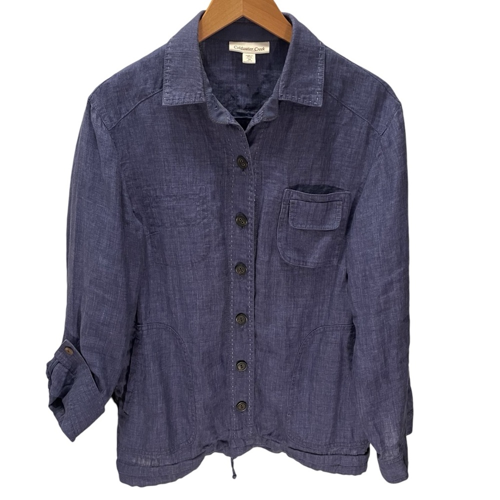 Coldwater Creek Linen Button Front Blue Utility Jacket